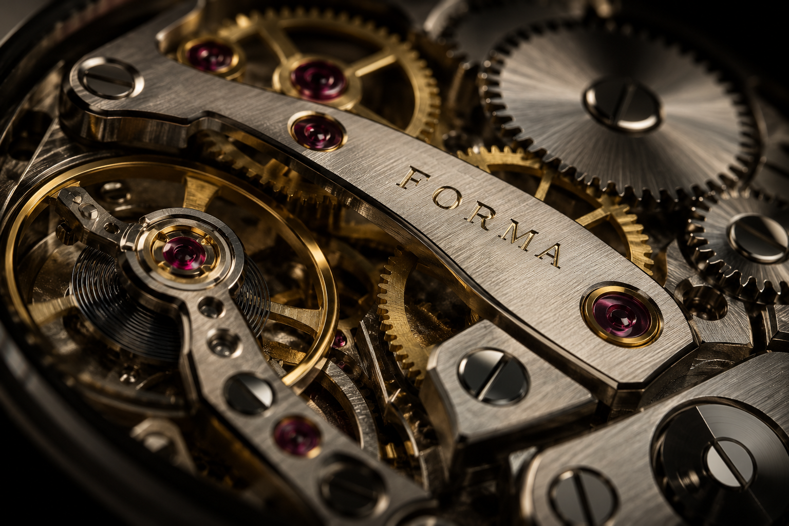 Extreme macro of FORMA’s golden mechanical movement, jewel bearings, and brushed bridges
